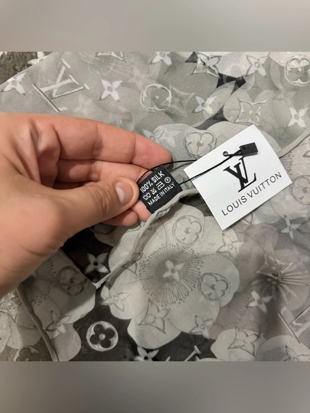 Louis Vuitton floral Silk Scarf 35x35 gray Floral Monogram Lightweight